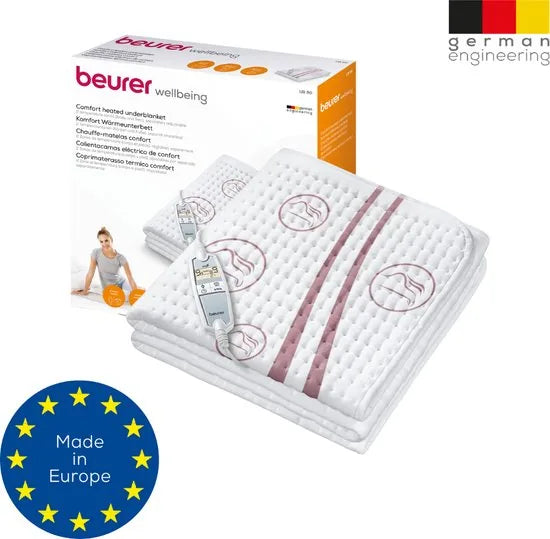 Beurer Elektrische onderdeken 1 persoons - Elektrische deken 150x80cm - 2 Warmtezones - BSS (Beurer Safety System) - ECO Control - Fleece/Katoen - Wit