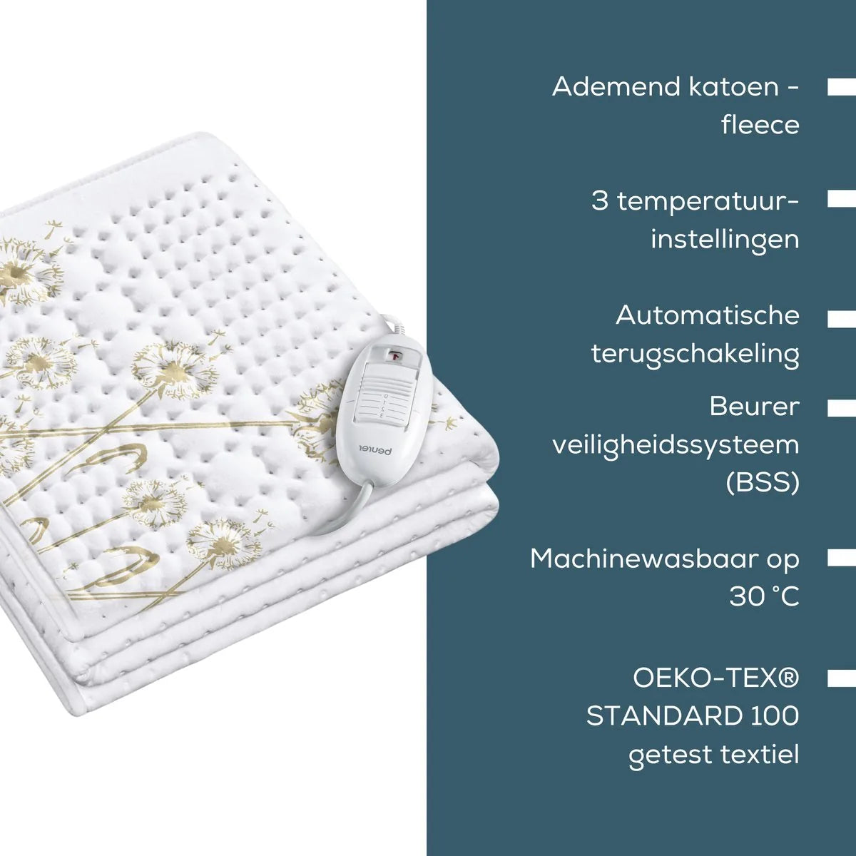 Beurer Elektrische onderdeken 1 persoons - Elektrische deken 150x80cm - Onderdeken - Snelle opwarming - BSS (Beurer Safety System) - Fleece/Katoen - Wit