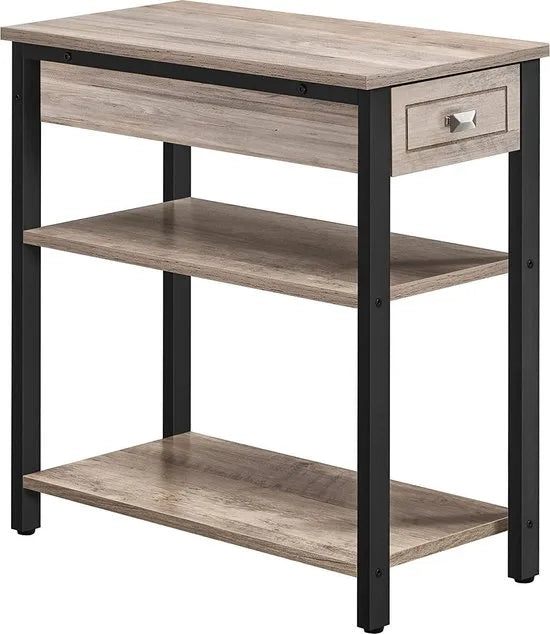 bijzettafel, nachtkastje, hoog, slank, met lade en 2 planken, industrieel design, grijs-zwart LET313B02