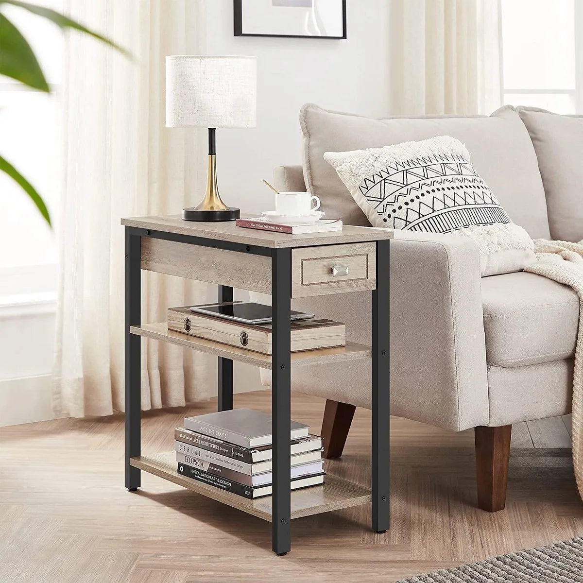 bijzettafel, nachtkastje, hoog, slank, met lade en 2 planken, industrieel design, grijs-zwart LET313B02
