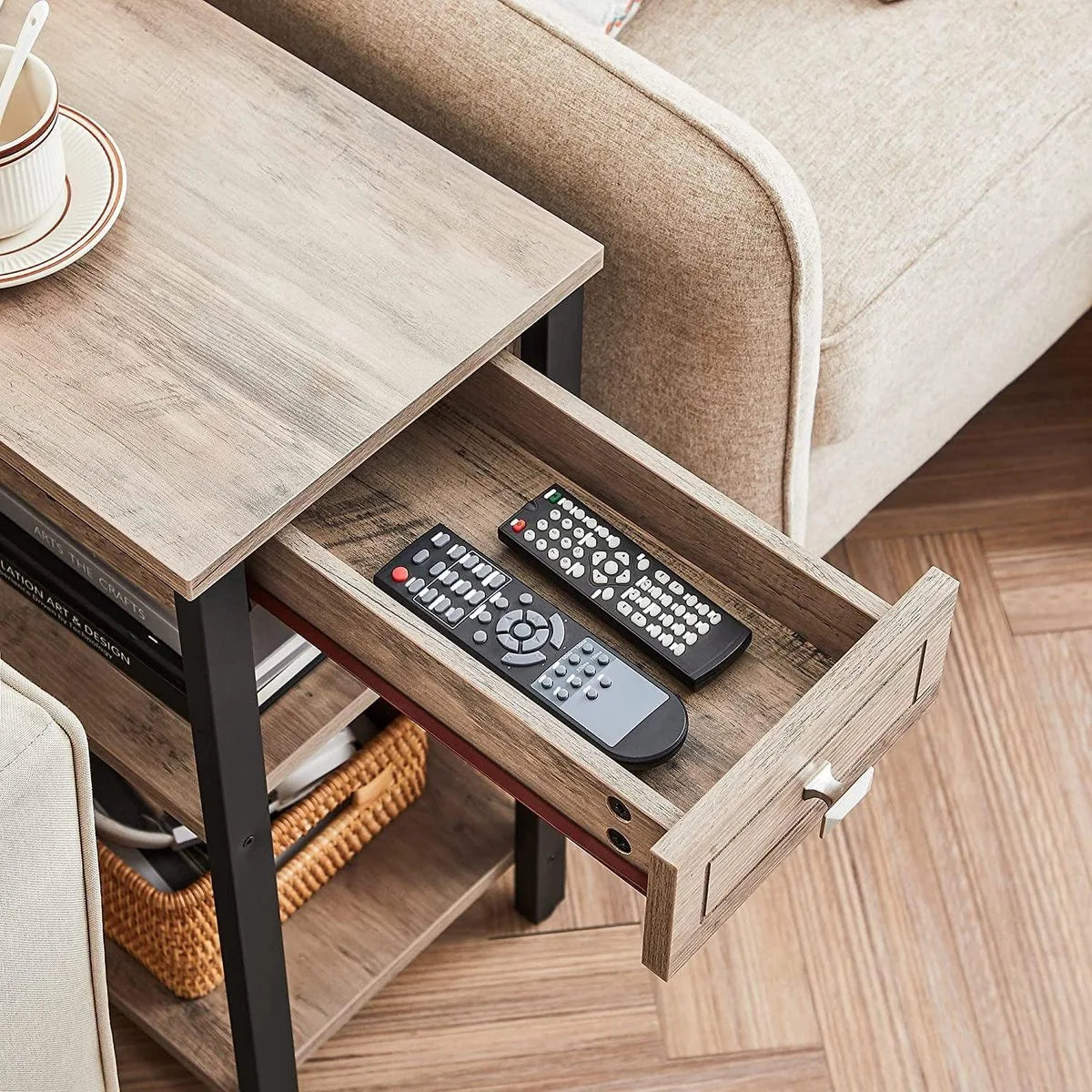 bijzettafel, nachtkastje, hoog, slank, met lade en 2 planken, industrieel design, grijs-zwart LET313B02