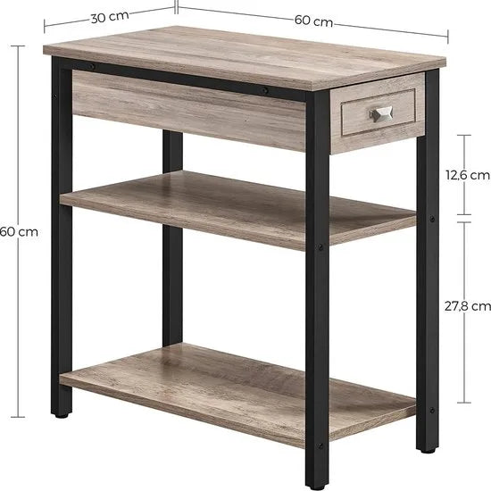 bijzettafel, nachtkastje, hoog, slank, met lade en 2 planken, industrieel design, grijs-zwart LET313B02