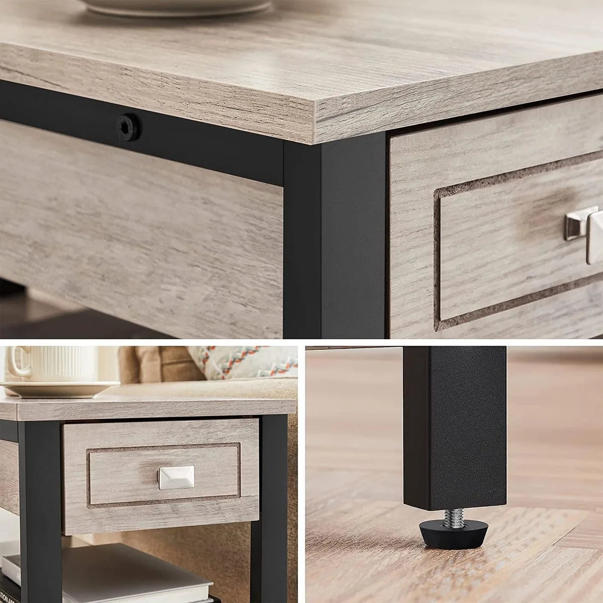 bijzettafel, nachtkastje, hoog, slank, met lade en 2 planken, industrieel design, grijs-zwart LET313B02