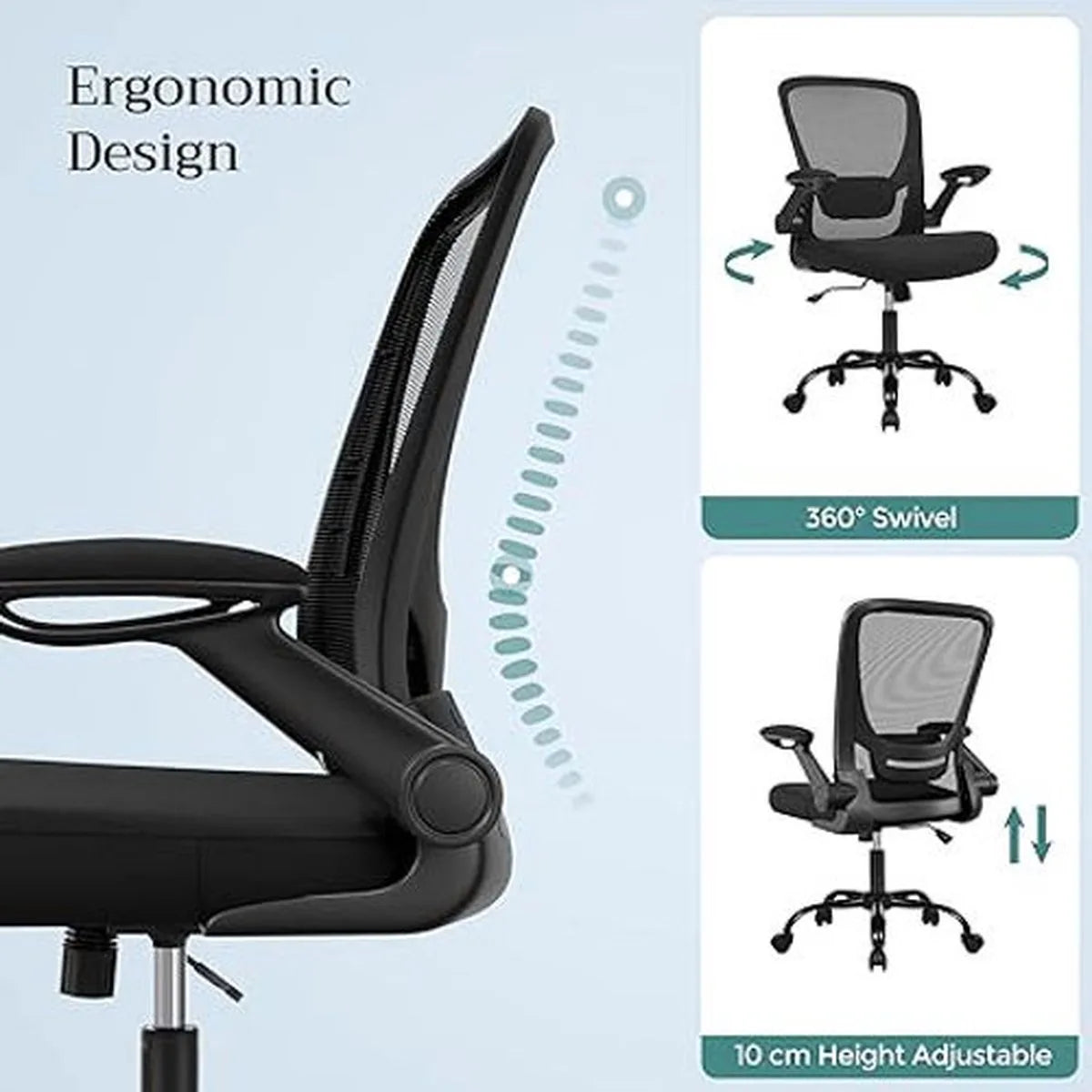 Bureaustoel office chair met opklapbare armleuningen, ergonomische computerstoel, 360°-draaistoel, verstelbare lendensteun, zwart OBN37BK