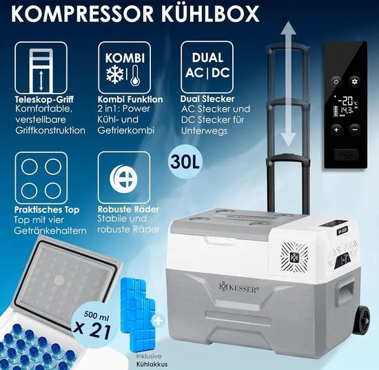 FurnStar compressorkoelbox 30 liter blauw – compacte vriezer voor auto en camper – Grijs