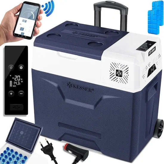 Compressorkoelbox - elektrische vriezer - 50 liter - app-bediening - USB-poort - 12/24 V - 230 V - telescoopstang - wielen - koeling tot -20 °C voor auto - vrachtwagen - boot - caravan - camping - Blauw