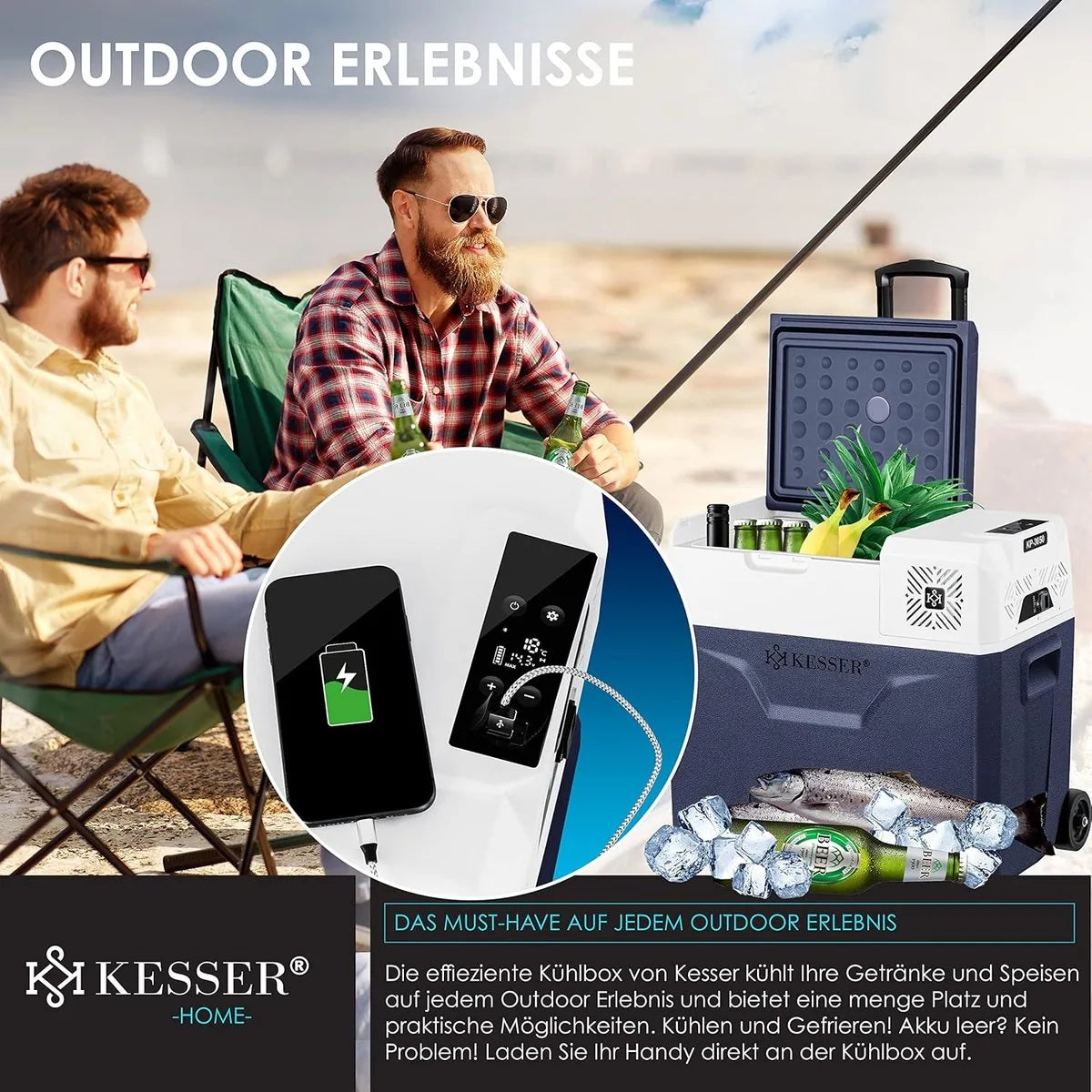 Compressorkoelbox - elektrische vriezer - 50 liter - app-bediening - USB-poort - 12/24 V - 230 V - telescoopstang - wielen - koeling tot -20 °C voor auto - vrachtwagen - boot - caravan - camping - Blauw