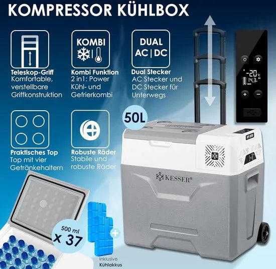 FurnStar compressorkoelbox 50 liter blauw – koelen en vriezen tot -20 °C – Grijs
