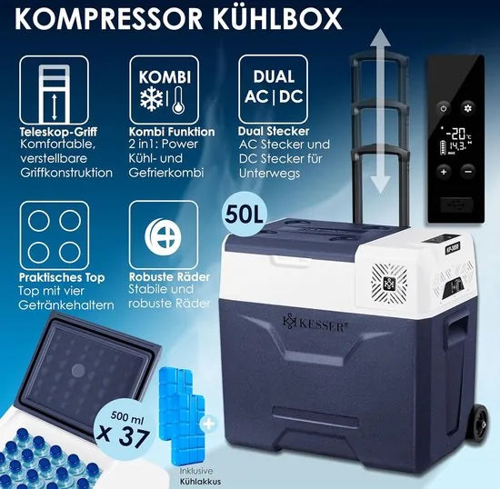 Compressorkoelbox - elektrische vriezer - 50 liter - app-bediening - USB-poort - 12/24 V - 230 V - telescoopstang - wielen - koeling tot -20 °C voor auto - vrachtwagen - boot - caravan - camping - Blauw
