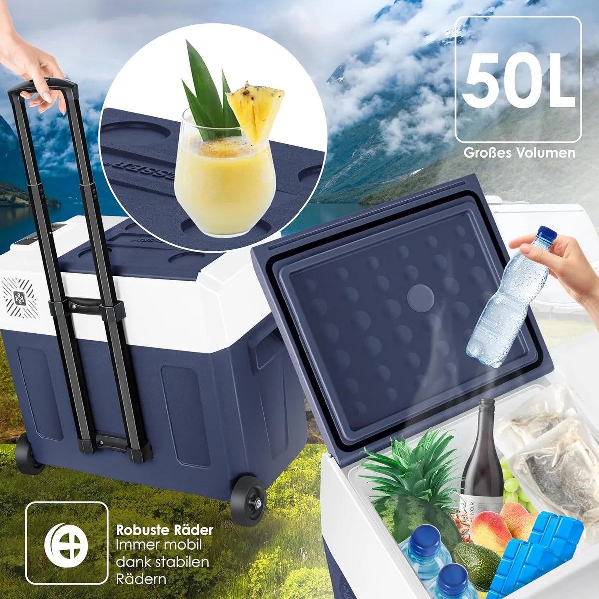 Compressorkoelbox - elektrische vriezer - 50 liter - app-bediening - USB-poort - 12/24 V - 230 V - telescoopstang - wielen - koeling tot -20 °C voor auto - vrachtwagen - boot - caravan - camping - Blauw