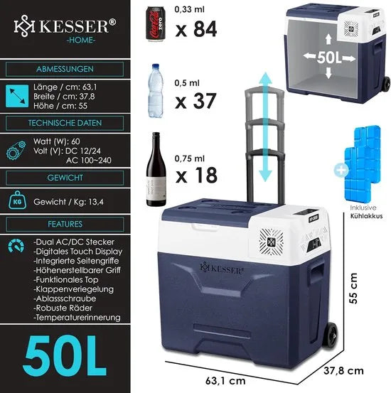 Compressorkoelbox - elektrische vriezer - 50 liter - app-bediening - USB-poort - 12/24 V - 230 V - telescoopstang - wielen - koeling tot -20 °C voor auto - vrachtwagen - boot - caravan - camping - Blauw
