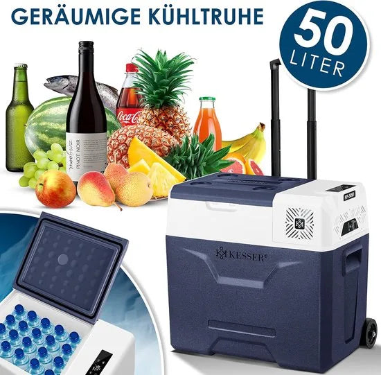 Compressorkoelbox - elektrische vriezer - 50 liter - app-bediening - USB-poort - 12/24 V - 230 V - telescoopstang - wielen - koeling tot -20 °C voor auto - vrachtwagen - boot - caravan - camping - Blauw