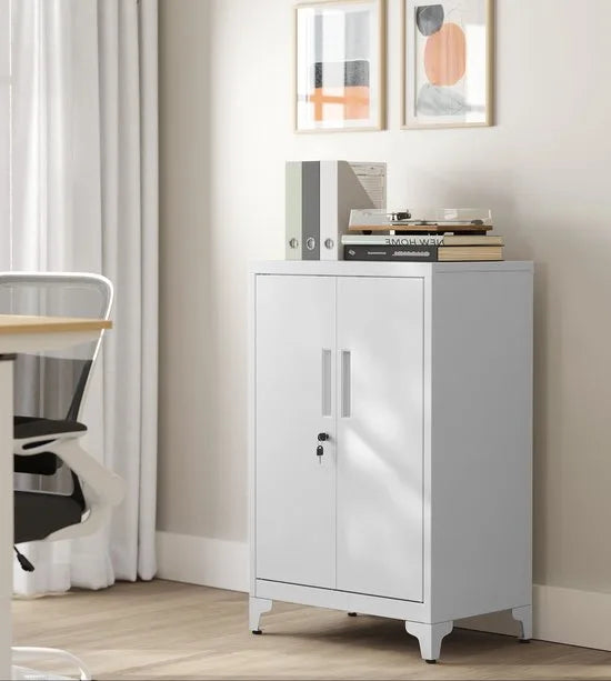 Dossierkast – Multifunctionele Kantoorkast met 2 Deuren – Afsluitbare Opbergkast van Staal – Voor Werkkamer of Woonkamer – 40D x 60B x 90H cm – Mat Wit