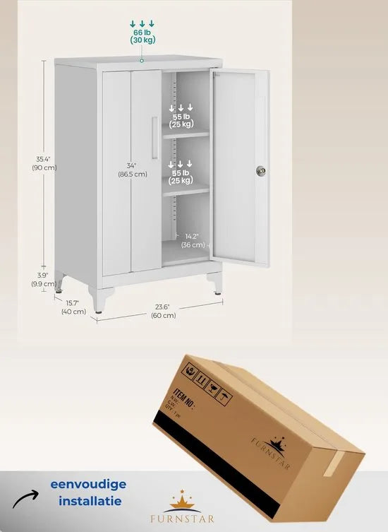 Dossierkast – Multifunctionele Kantoorkast met 2 Deuren – Afsluitbare Opbergkast van Staal – Voor Werkkamer of Woonkamer – 40D x 60B x 90H cm – Mat Wit