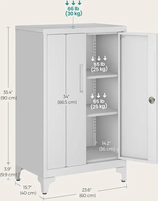 Dossierkast – Multifunctionele Kantoorkast met 2 Deuren – Afsluitbare Opbergkast van Staal – Voor Werkkamer of Woonkamer – 40D x 60B x 90H cm – Mat Wit