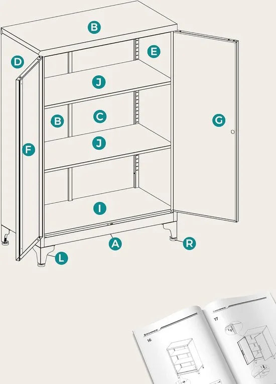 Dossierkast – Multifunctionele Kantoorkast met 2 Deuren – Afsluitbare Opbergkast van Staal – Voor Werkkamer of Woonkamer – 40D x 60B x 90H cm – Mat Wit