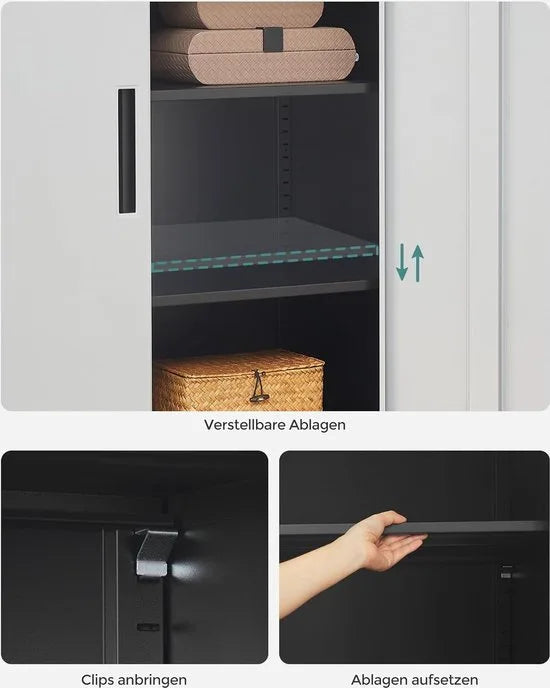 Dossierkast - multifunctionele kast - kantoorkast met 2 deuren - kast afsluitbaar - opbergkast van staal - voor werkkamer - woonkamer - 40D x 80B x 90H cm - zilver en zwart