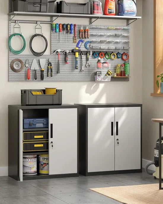 Dossierkast - multifunctionele kast - kantoorkast met 2 deuren - kast afsluitbaar - opbergkast van staal - voor werkkamer - woonkamer - 40D x 80B x 90H cm - zilver en zwart