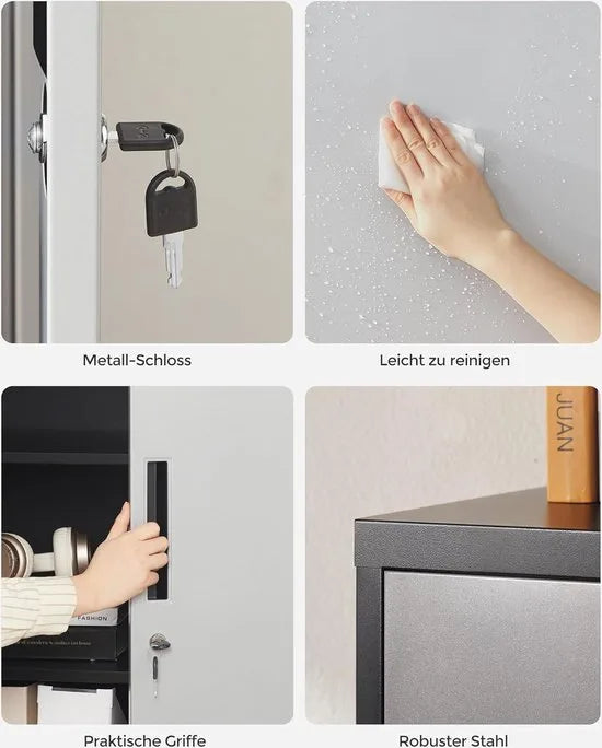 Dossierkast - multifunctionele kast - kantoorkast met 2 deuren - kast afsluitbaar - opbergkast van staal - voor werkkamer - woonkamer - 40D x 80B x 90H cm - zilver en zwart