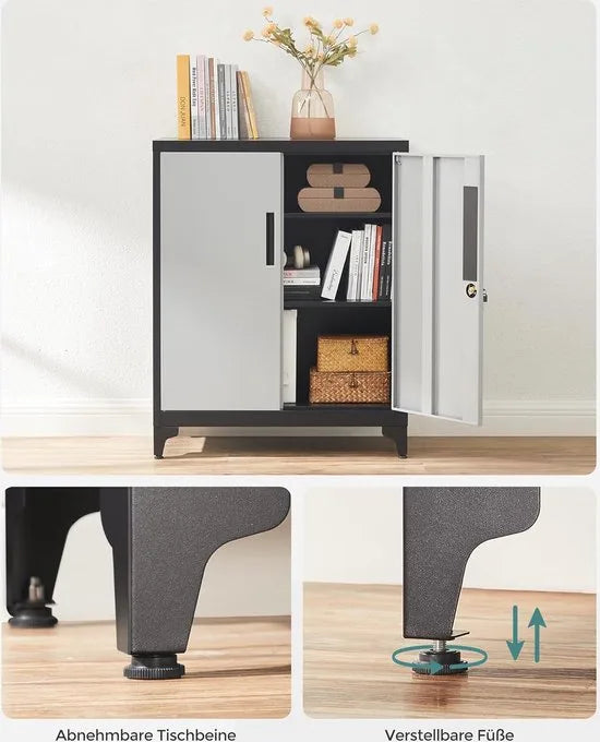 Dossierkast - multifunctionele kast - kantoorkast met 2 deuren - kast afsluitbaar - opbergkast van staal - voor werkkamer - woonkamer - 40D x 80B x 90H cm - zilver en zwart