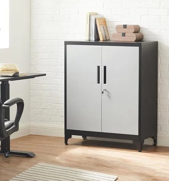 Dossierkast - multifunctionele kast - kantoorkast met 2 deuren - kast afsluitbaar - opbergkast van staal - voor werkkamer - woonkamer - 40D x 80B x 90H cm - zilver en zwart