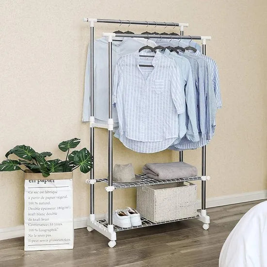 Dubbel Verrijdbaar Kledingrek Op Wielen - Stevig Mobiel Verstelbaar Kleren Rek Garderoberek Staand