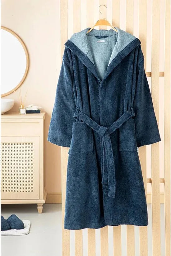 English Home - Badjas - Katoen - S / M - Antraciet – Marineblauw