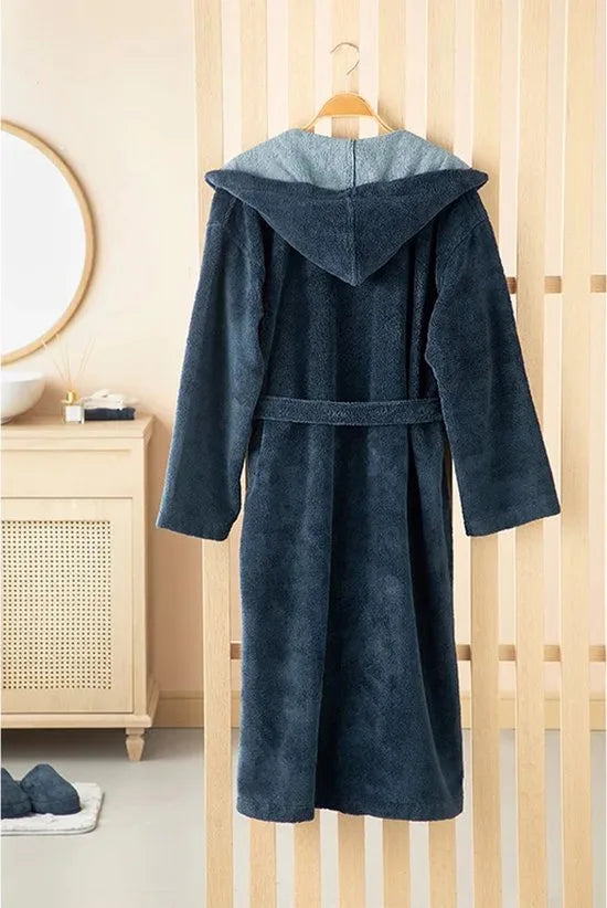 English Home - Badjas - Katoen - S / M - Antraciet – Marineblauw