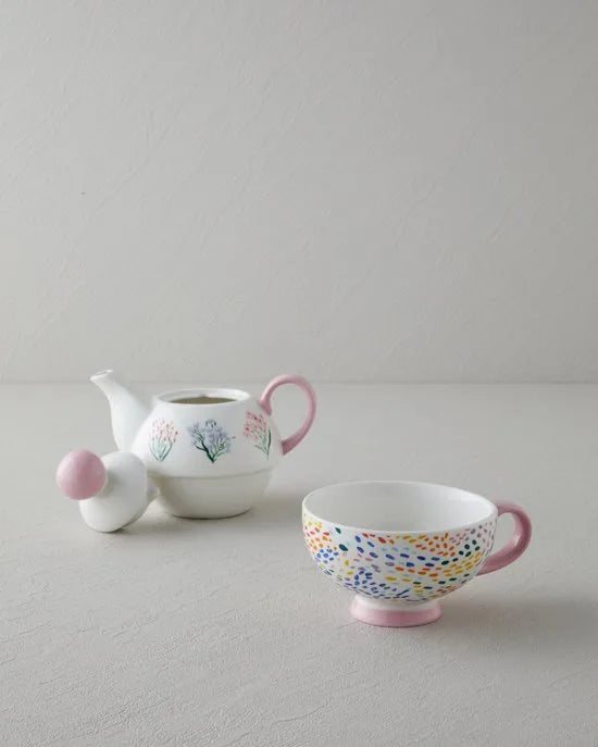 English Home Blossom Frame Bone China Theepot Set – 400 & 290 ml – Roze & Wit – Elegante Thee- en Koffieset