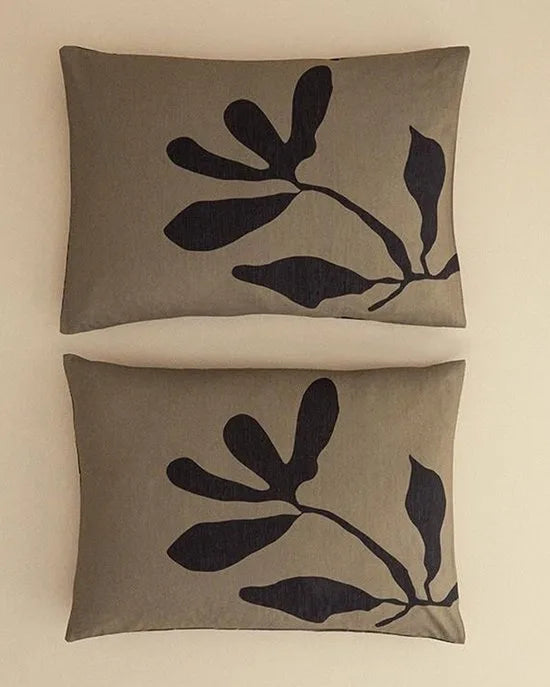 English Home Bohemian Flora - 2x Kussenslopen - Zacht Katoen - Met Digitale Print - 50x70 cm - 2 stuks - Groen/ Zwart