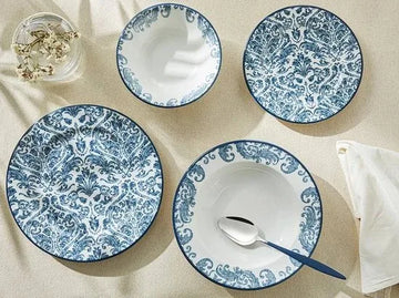 English Home Bordenset - Hypnos - Dinerborden - 2 Persoons - 8 stuks - Porselein - Wit Blauw