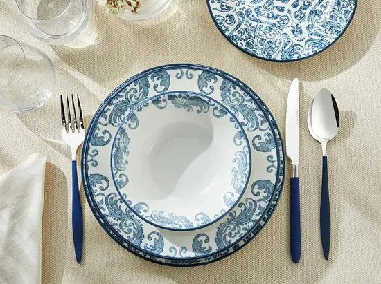 English Home Bordenset - Hypnos - Dinerborden - 2 Persoons - 8 stuks - Porselein - Wit Blauw