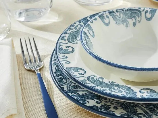 English Home Bordenset - Hypnos - Dinerborden - 2 Persoons - 8 stuks - Porselein - Wit Blauw