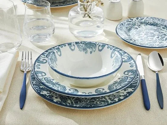 English Home Bordenset - Hypnos - Dinerborden - 2 Persoons - 8 stuks - Porselein - Wit Blauw