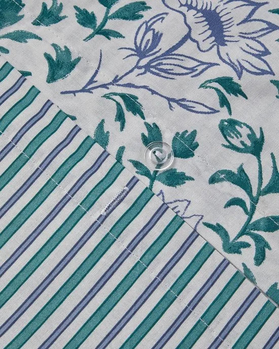 English Home - Dekbedovertrekset Gentle Flower - Katoen - Incl. Hoeslaken 160-200 - Incl. 2 kussenslopen - 200 x 220 cm - Blauw /Groen