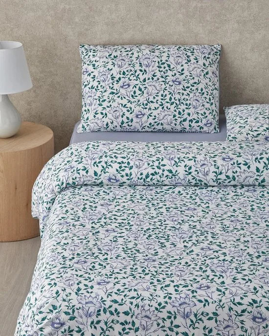 English Home - Dekbedovertrekset Gentle Flower - Katoen - Incl. Hoeslaken 160-200 - Incl. 2 kussenslopen - 200 x 220 cm - Blauw /Groen