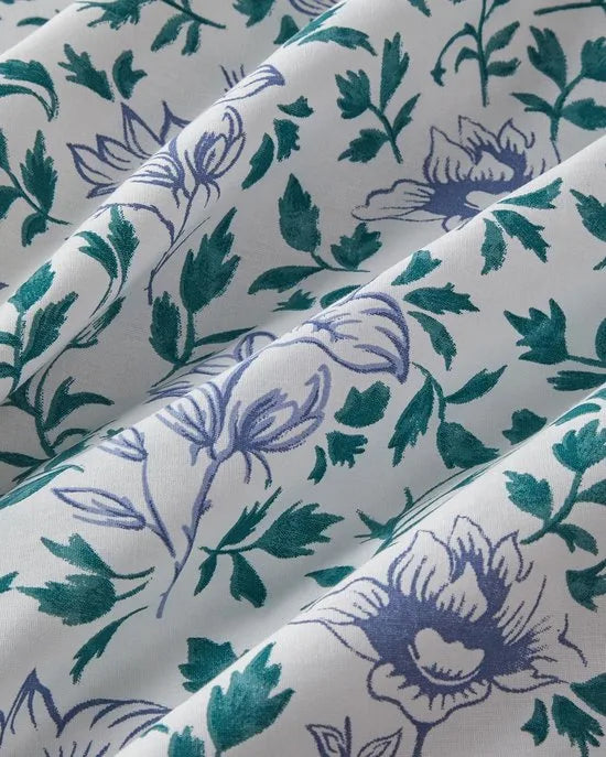 English Home - Dekbedovertrekset Gentle Flower - Katoen - Incl. Hoeslaken 160-200 - Incl. 2 kussenslopen - 200 x 220 cm - Blauw /Groen