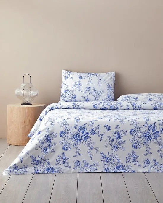 English Home - Dekbedovertrekset - Katoen - 2 kussenslopen - 200 x 220 cm - Beige – Blauw 240 x 220cm 240 x 220 cm Blauw (7431)