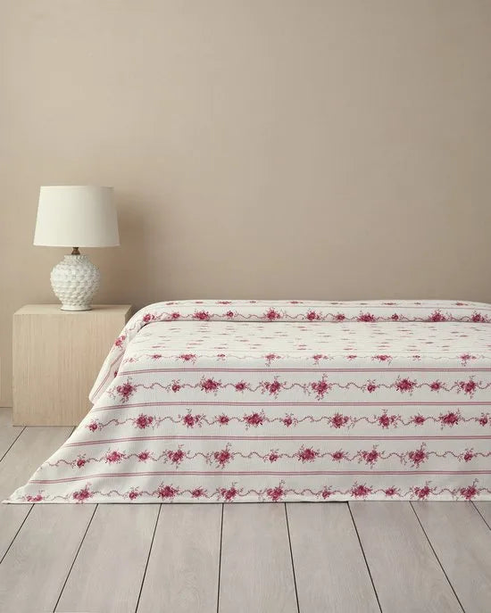 English Home - Tropical Palm Zomerdeken - Deken - Tweepersoons - 100% Katoen - 200x220 cm – Blauw/Kleurrijk – Roze/beige