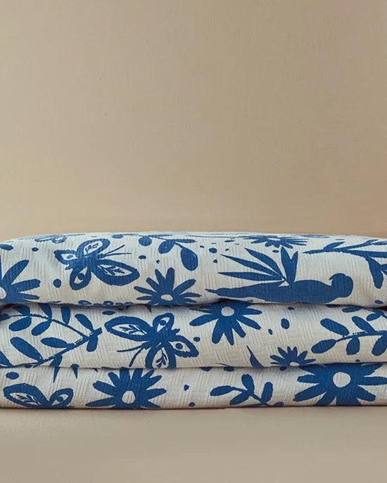 English Home - Tropical Palm Zomerdeken - Deken - Tweepersoons - 100% Katoen - 200x220 cm – Blauw/Kleurrijk – Blauw/wit
