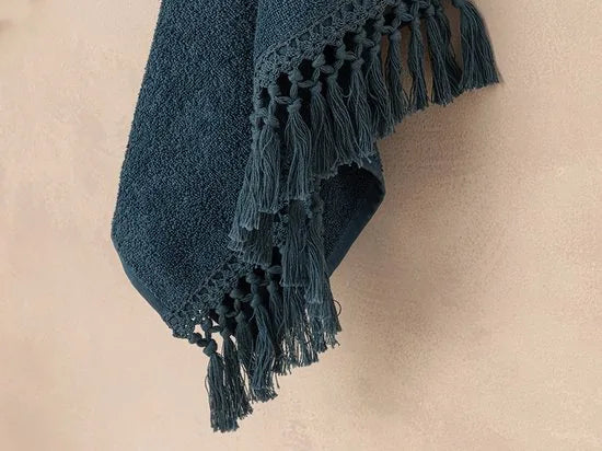 English Home Eaves Cottony fringed Face Towel 50x70 cm Petrol Blue- 2 stuks