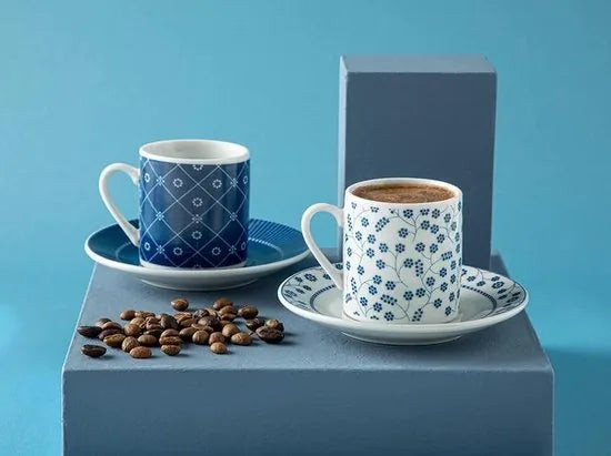 English Home espresso kopjes - Turkse koffie kopjes - 2 Persoons - 80ml - Groen – Blauw