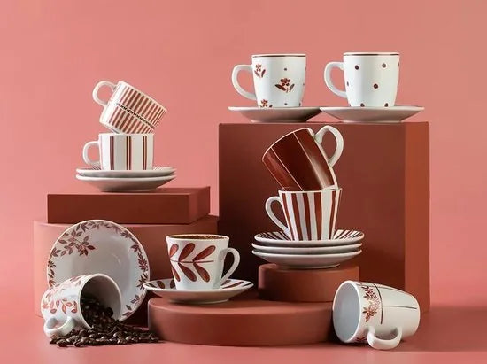 English Home espresso kopjes - Turkse koffie kopjes - 2 Persoons - 80ml - Groen – Rood