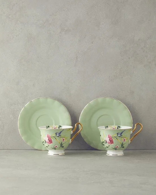English Home Vanilla Espresso Kopjes - Bone China - Turkse Koffie Kopjes - 2 Persoons - 90 ml - Roze – Groen bloei