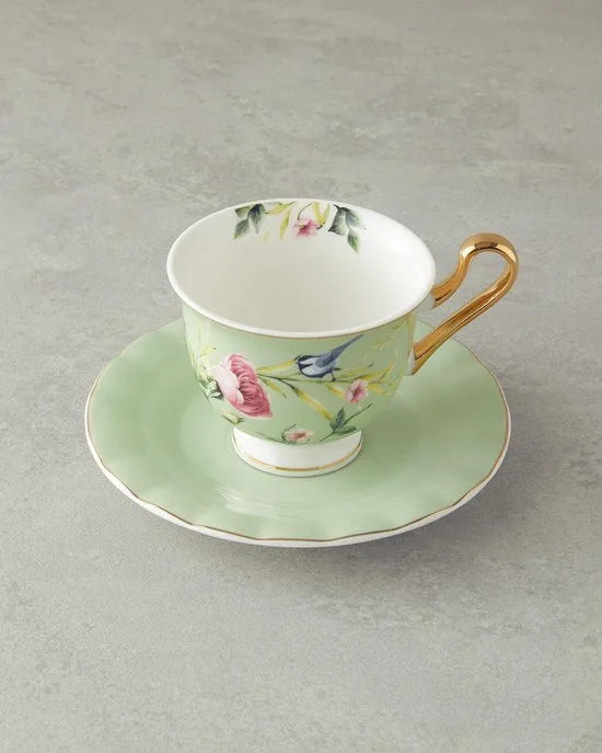 English Home Vanilla Espresso Kopjes - Bone China - Turkse Koffie Kopjes - 2 Persoons - 90 ml - Roze – Groen bloei