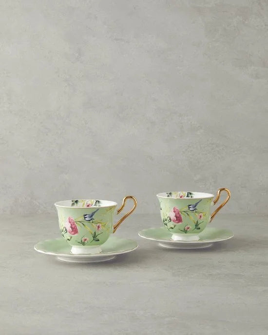 English Home Vanilla Espresso Kopjes - Bone China - Turkse Koffie Kopjes - 2 Persoons - 90 ml - Roze – Groen bloei