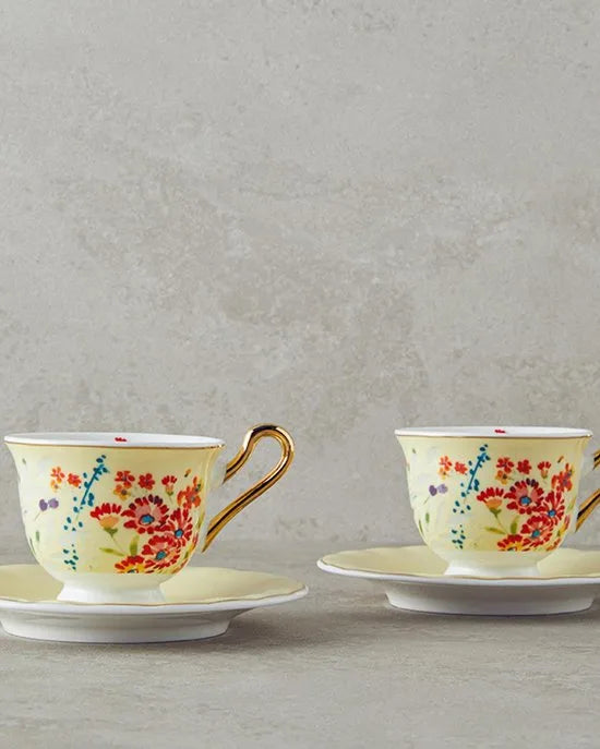 English Home Vanilla Espresso Kopjes - Bone China - Turkse Koffie Kopjes - 2 Persoons - 90 ml - Roze – Geel