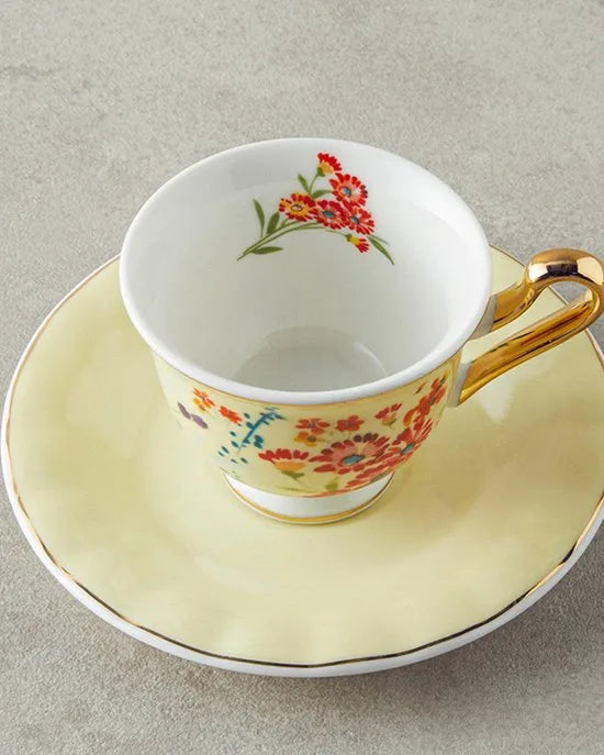 English Home Vanilla Espresso Kopjes - Bone China - Turkse Koffie Kopjes - 2 Persoons - 90 ml - Roze – Geel