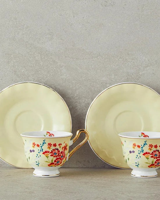 English Home Vanilla Espresso Kopjes - Bone China - Turkse Koffie Kopjes - 2 Persoons - 90 ml - Roze – Geel