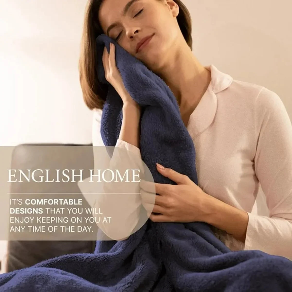 English Home Welsoft Deken - Zachte Bankdeken - Donzige Deken - Kampdeken - Buitendeken - Stranddeken - 120x170 cm - Crèmekleur – Blauw